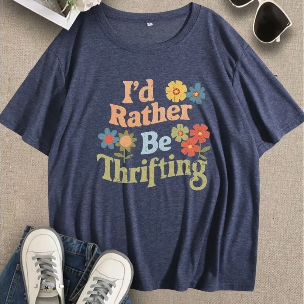 New! Graphic Navy Blue Women's Top I’d Rather Be Thrifting Sz XL - Picture 2 of 5